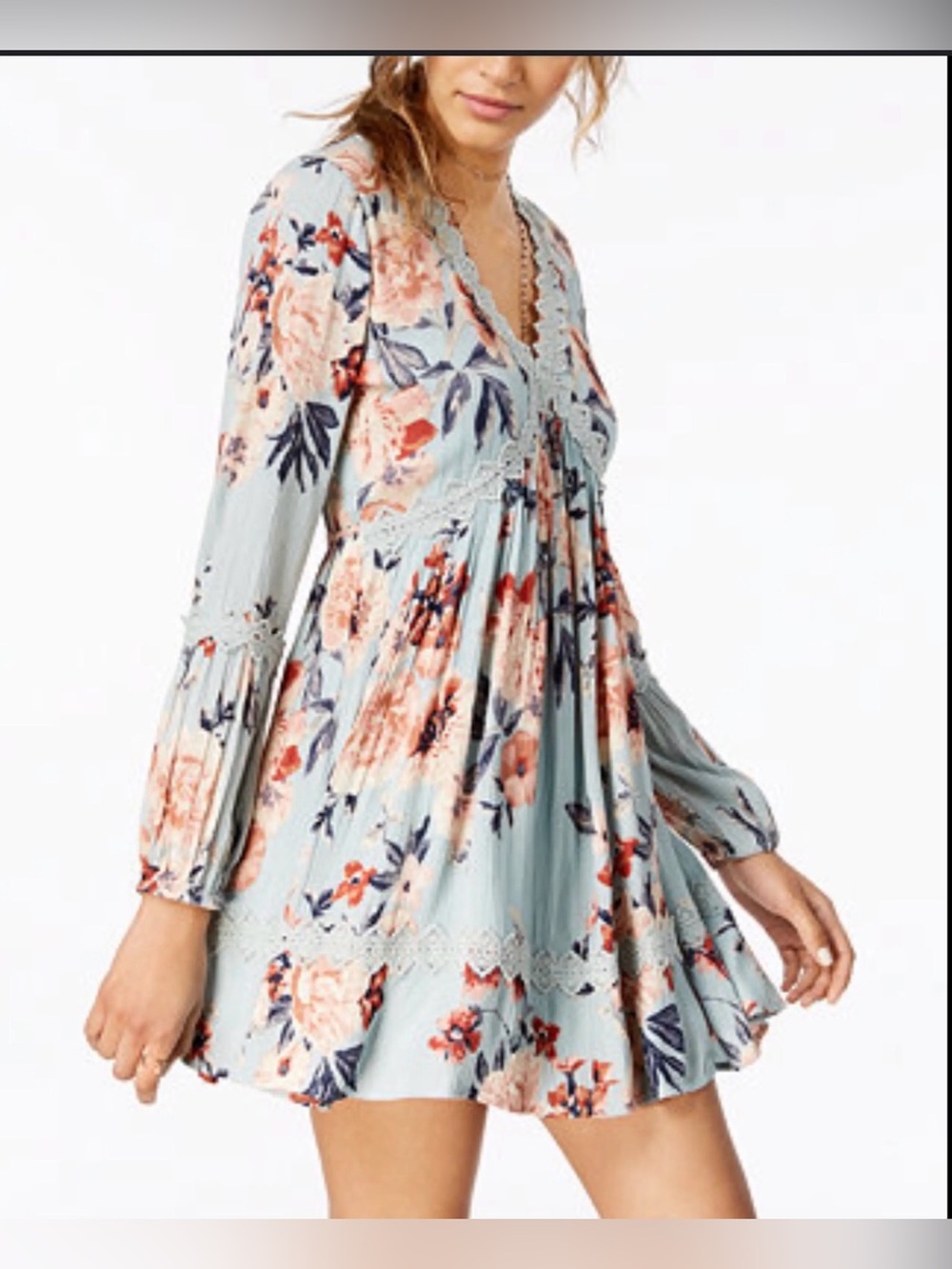 American Rag Light Blue Floral V-Neck Long Sleeve Mini Dress